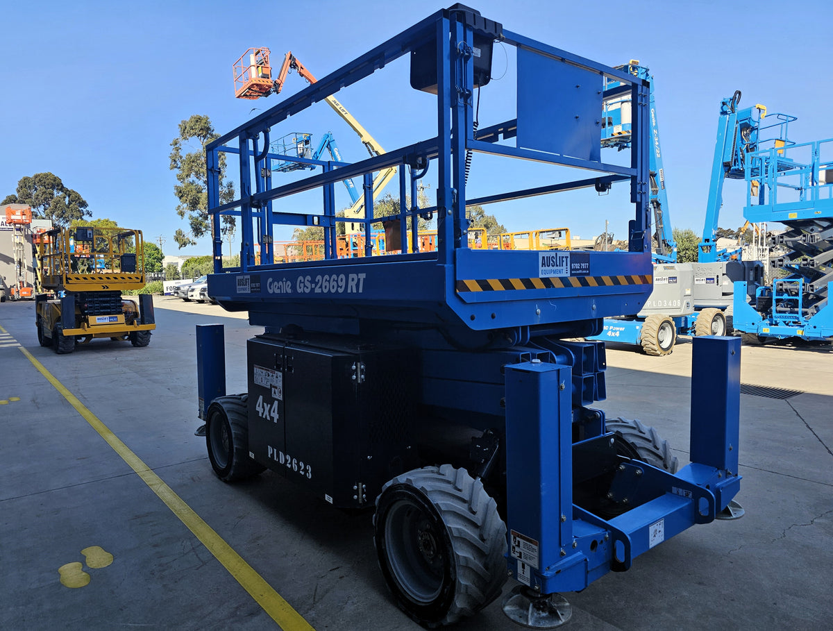 Used 2021 Genie GS-2669 RT 26ft Rough Terrain, Self Levelling Diesel Scissor Lift