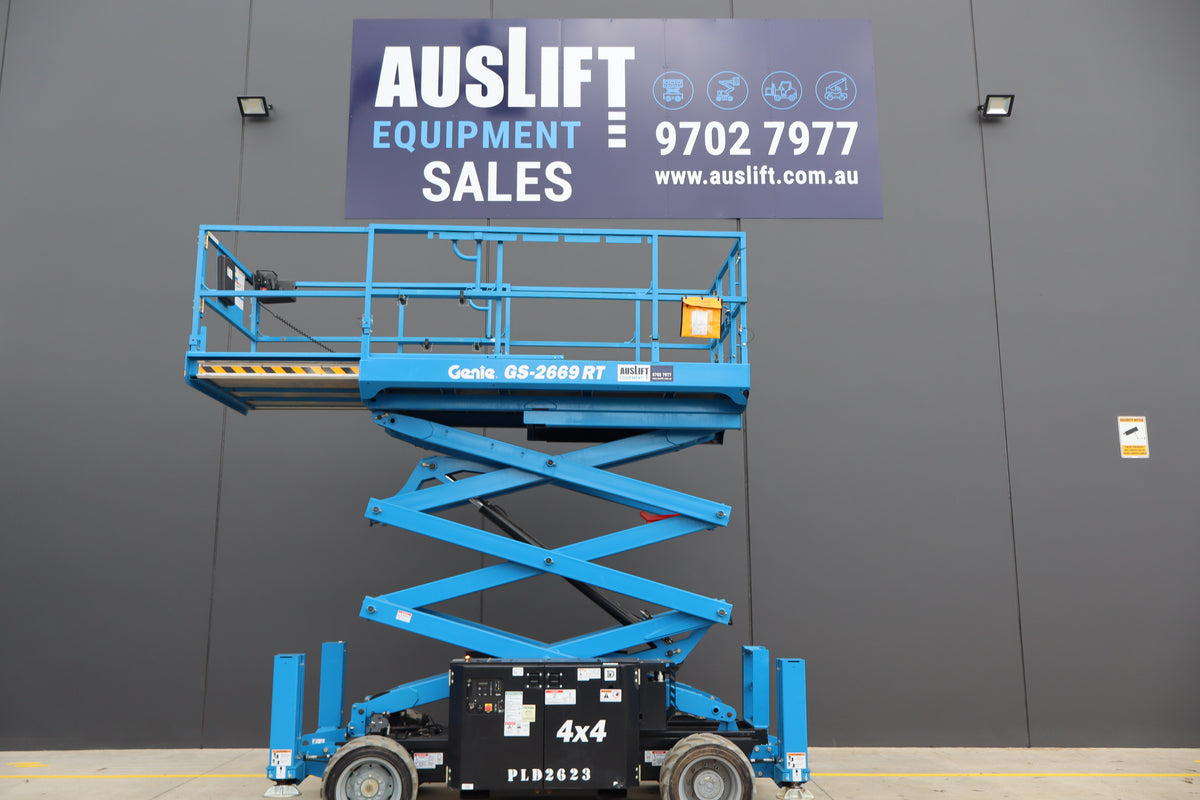 Used 2021 Genie GS-2669 RT 26ft Rough Terrain, Self Levelling Diesel Scissor Lift
