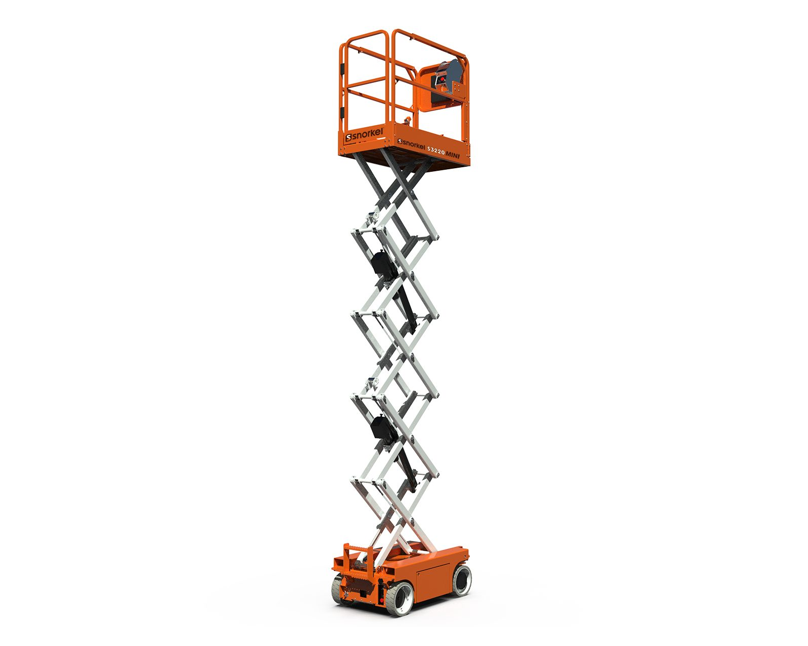 Snorkel S3220 Mini electric scissor lift right hand rear quarter view platform elevated