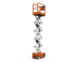 Snorkel S3220 Mini electric scissor lift right hand rear quarter view platform elevated