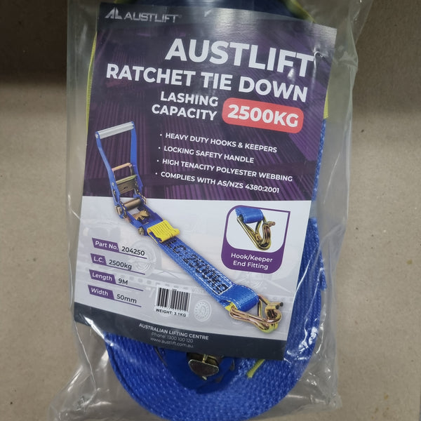 2500kg Ratchet tie down with 50mm webbing x 9m long by Austlift