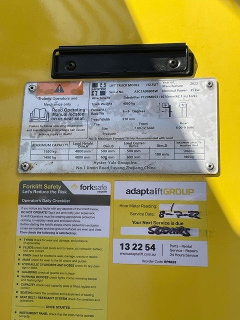 Hyster 2.5UT - 2.5 Tonne to 4.8m - 3 Stage FFL Mast Forklift